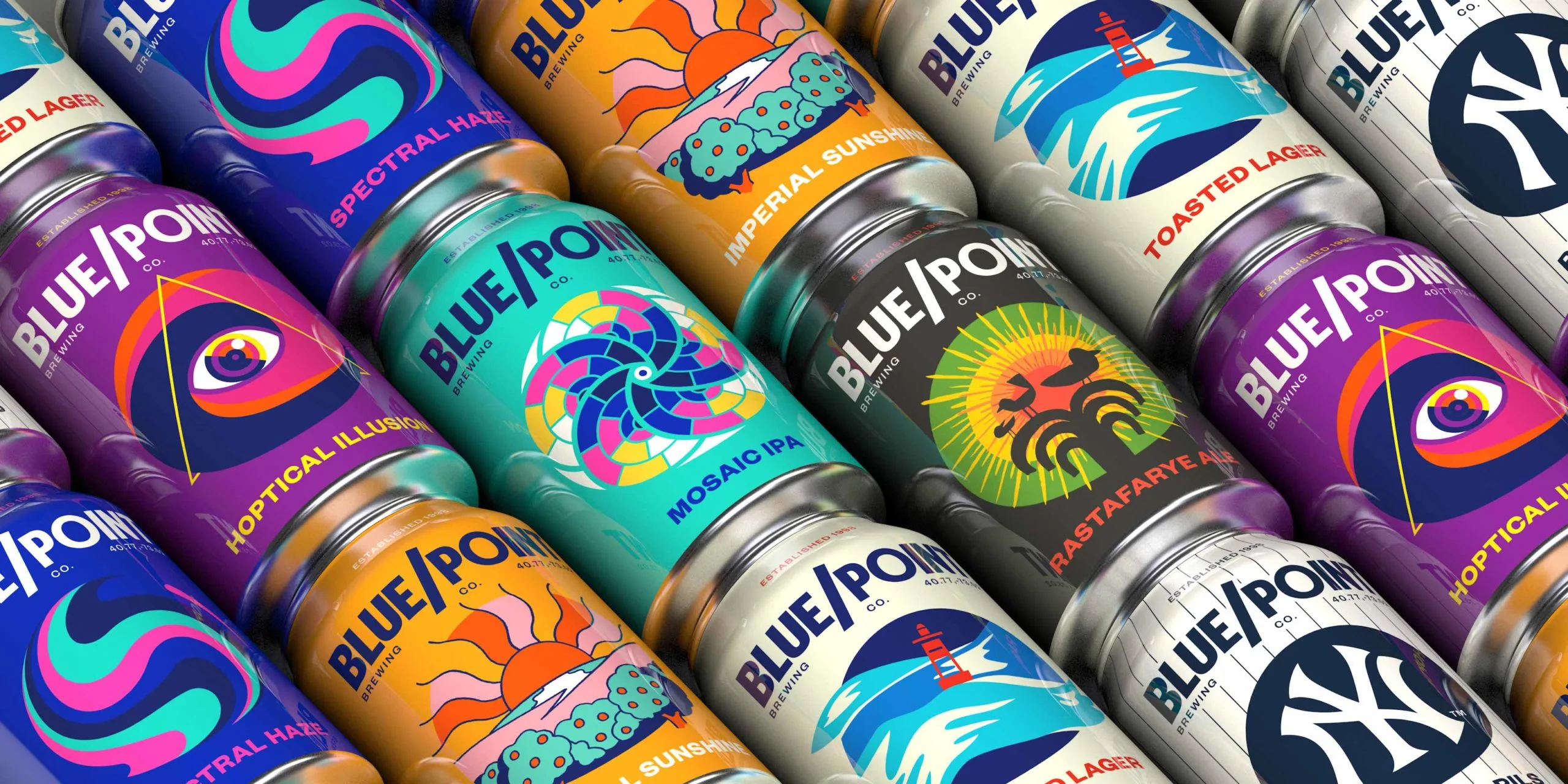 Array of Blue Point Brewing Co. cans